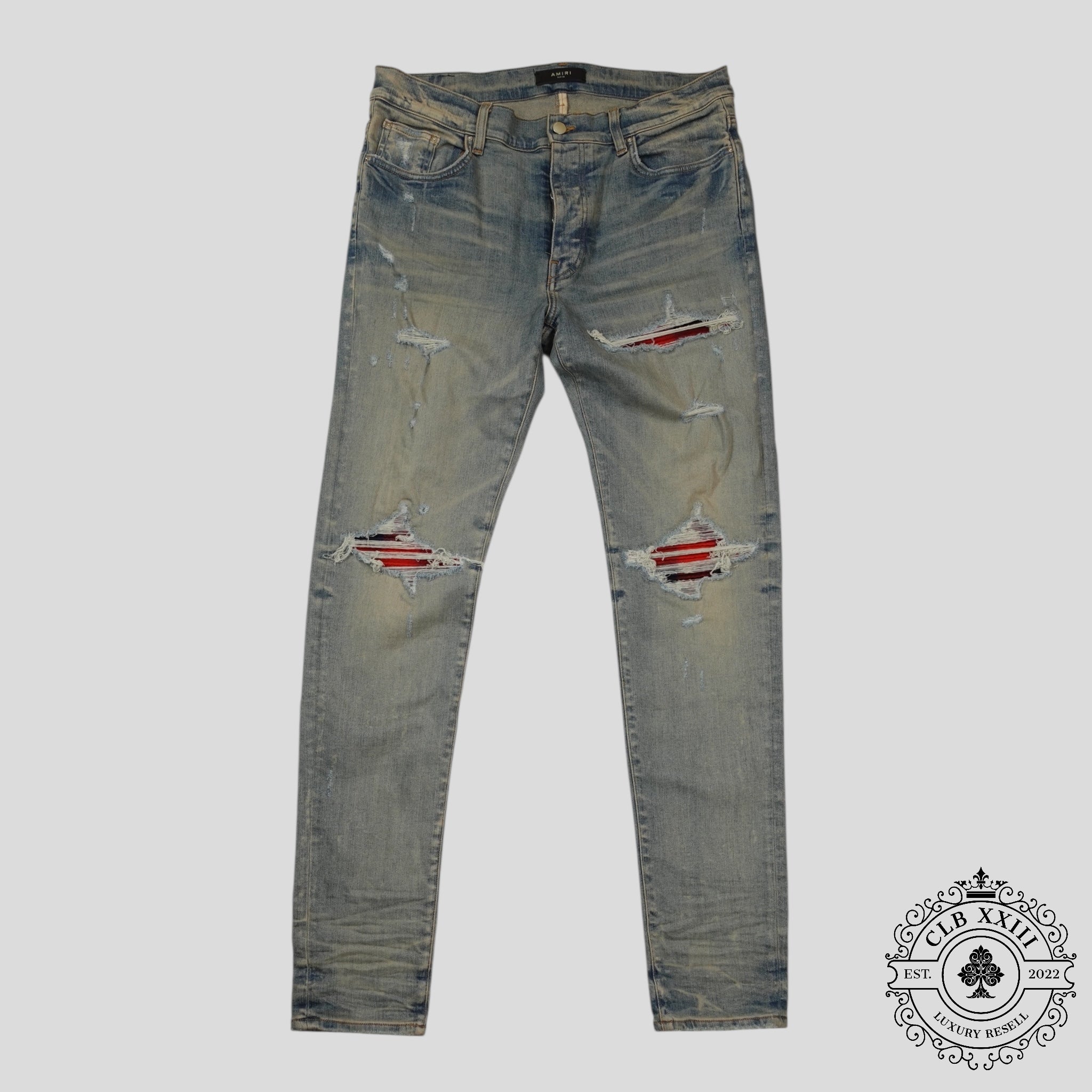 Amiri MX1 Plaid Patch Jeans in Clay Indigo/Red