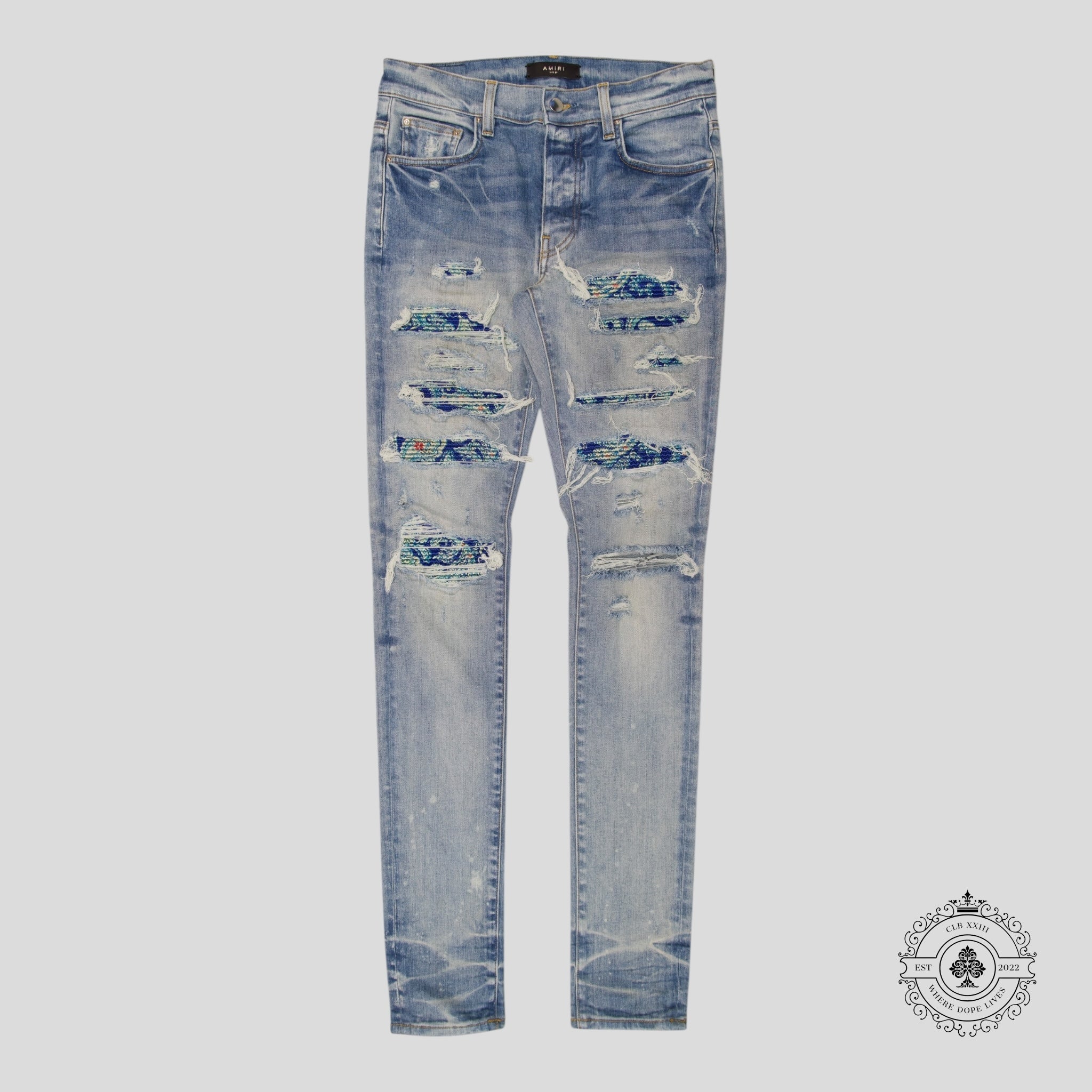 Amiri MX1 Silk Pj Patch Jeans in Light Indigo
