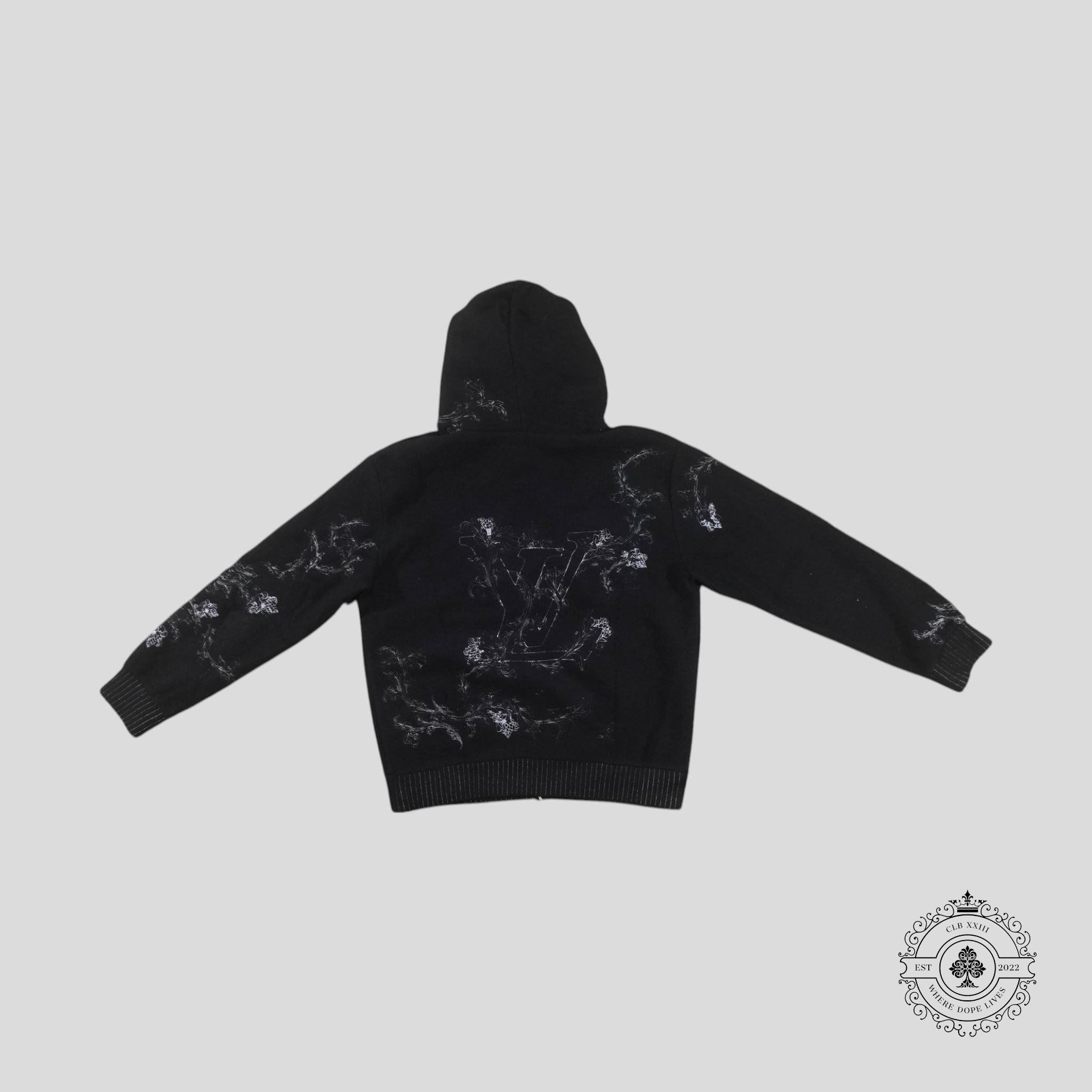 Louis Vuitton Flower Embroidered Zip Up Hoodie in Navy Blue