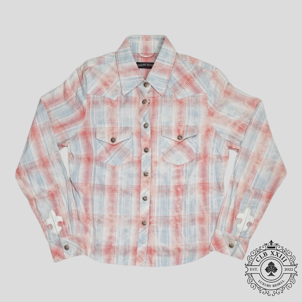 Chrome Hearts Women's Fleur Patch Flannel Shirt in Red/Blue