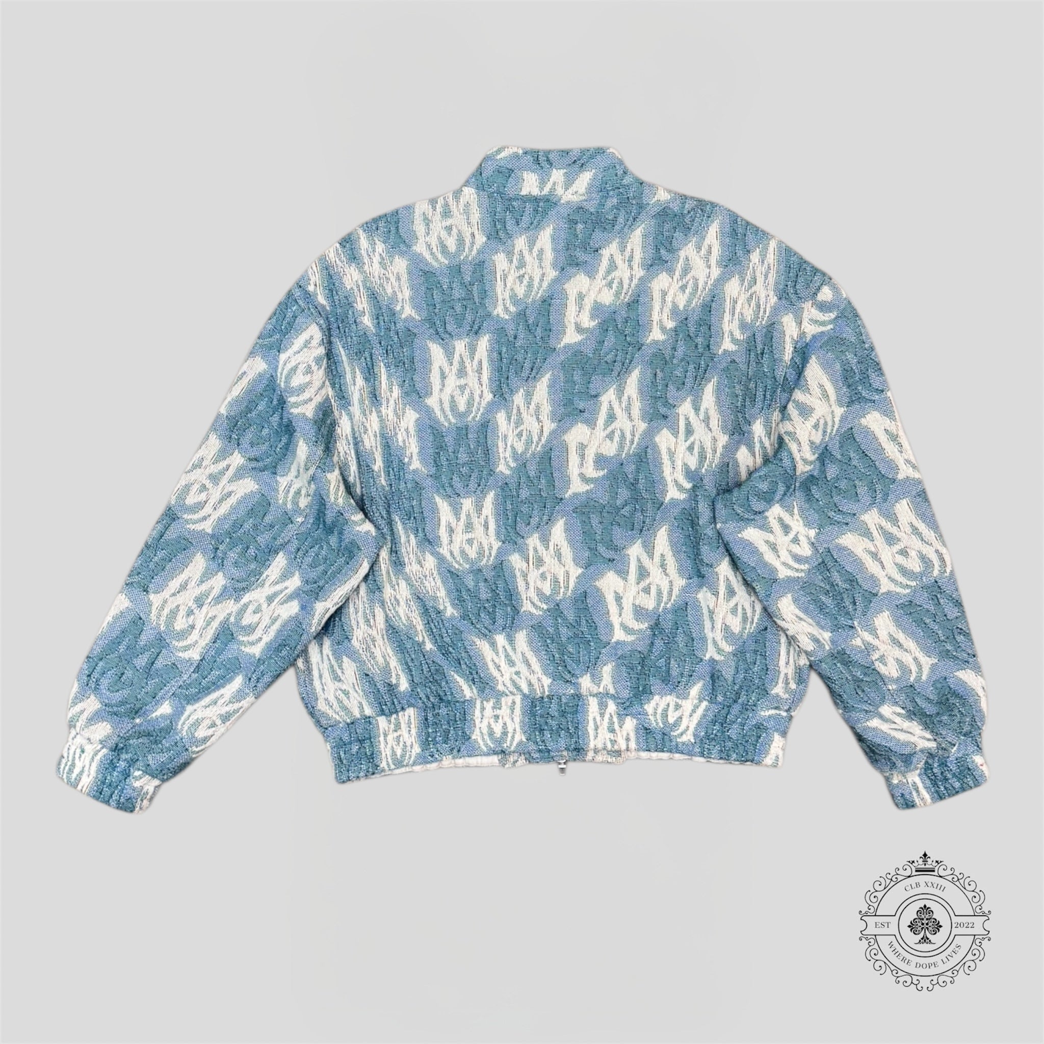 Amiri Ma Tapestry Cropped Bomber in Blue