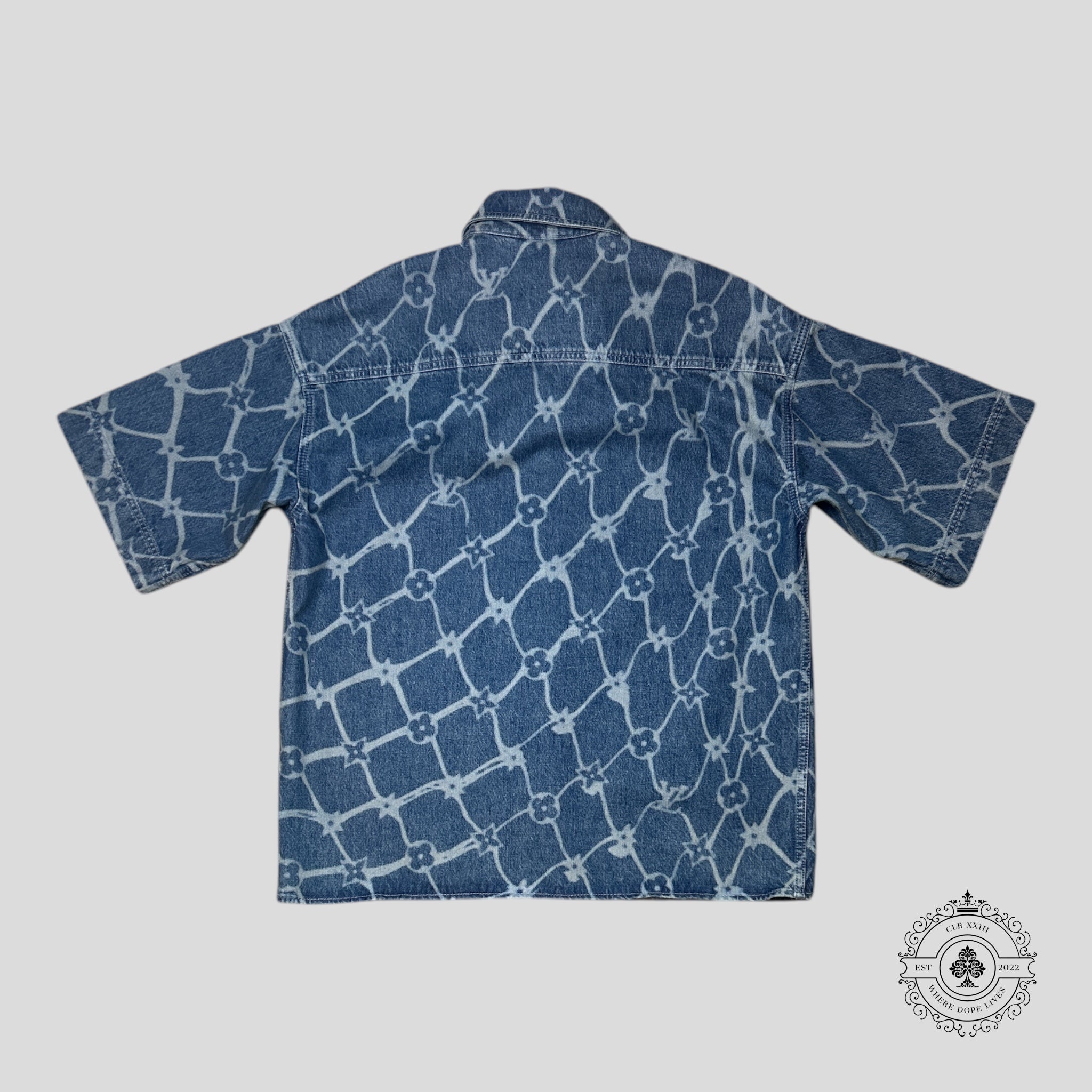 Louis Vuitton Fishnet Monogram Button Up Denim Shirt in Medium Wash