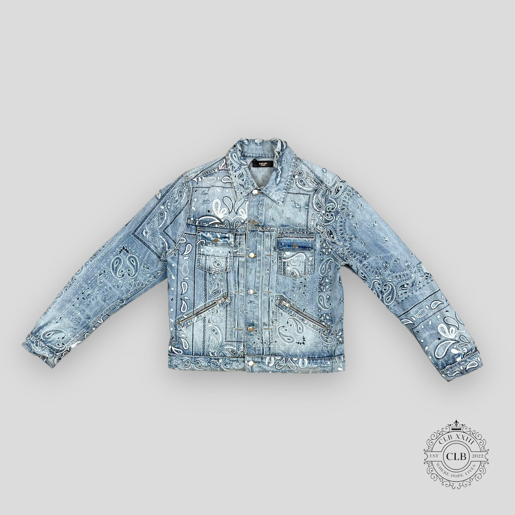 Amiri Screen Print Bandana Trucker Jacket Clay Indigo