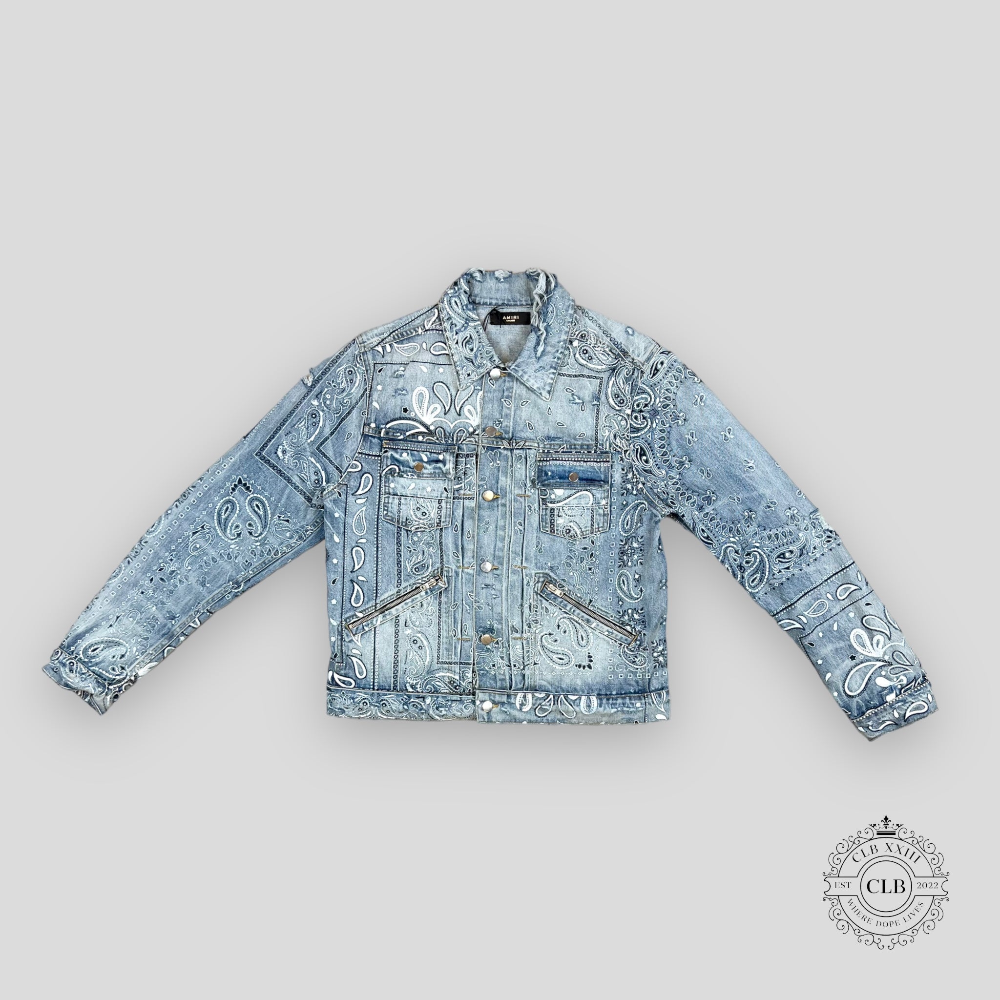 Amiri Screen Print Bandana Trucker Jacket Clay Indigo