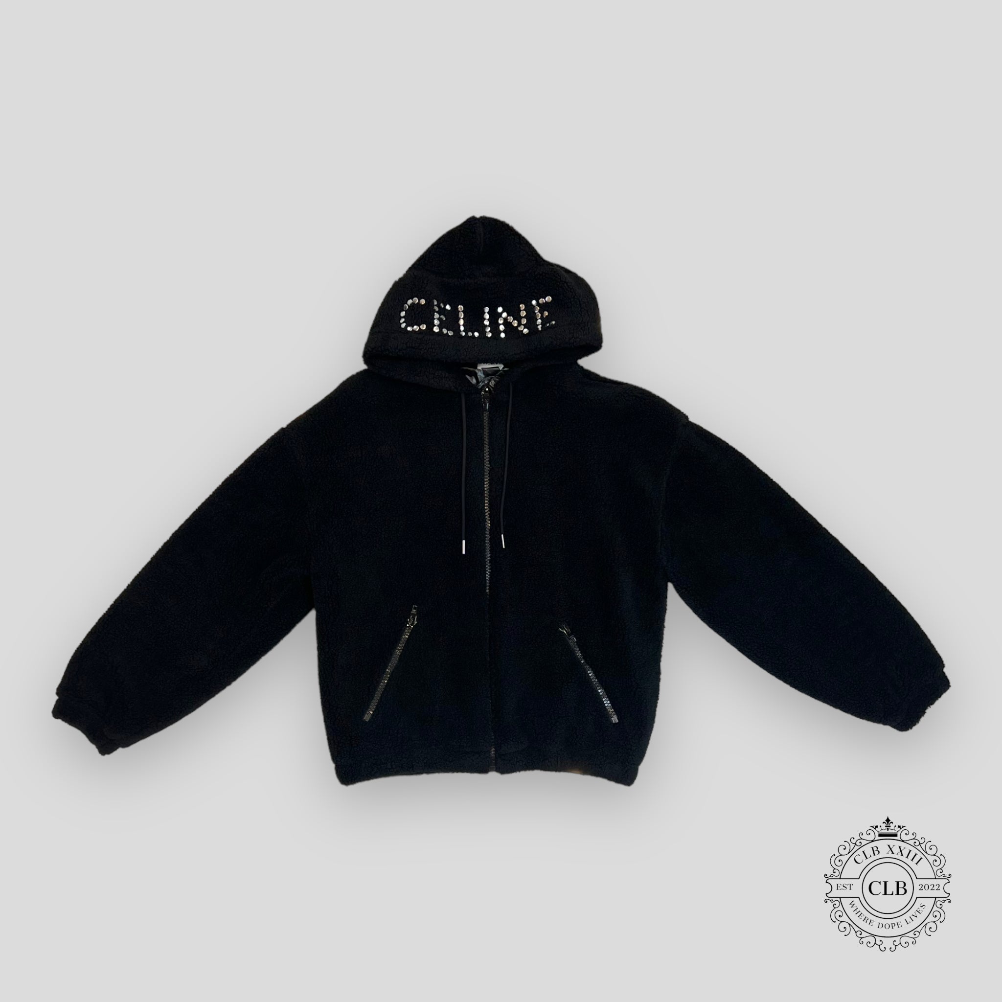Celine Homme Logo Embellished Fleece Hoodie in Black